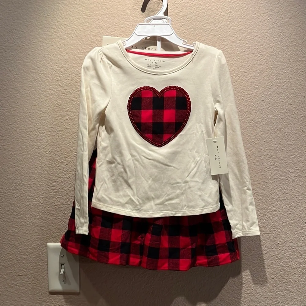 New Max Studio Girl’s Buffalo Plaid Check Heart 3 piece outfit NWT